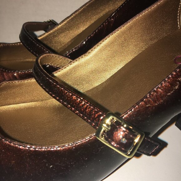 Me Too Chocolate Brown Heels 3 Inch Patent Strap/Buckle - Picture 4 of 13
